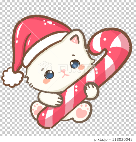 Kawaii Illustration doodle pink Christmas for greeting card, invitation, party  Hand drawn cute white cat wearing a Christmas hat holding a giant Candy cane 118020045