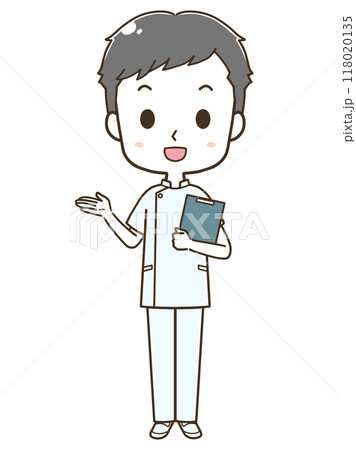 左へ案内をする若い男性看護師の全身イラスト 118020135