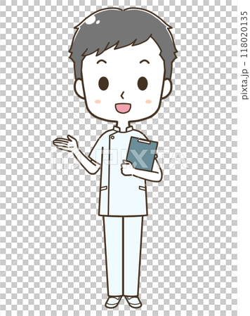 左へ案内をする若い男性看護師の全身イラスト 118020135