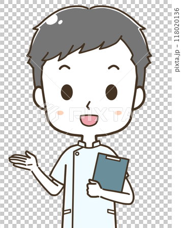 左へ案内をする若い男性看護師の上半身イラスト 118020136