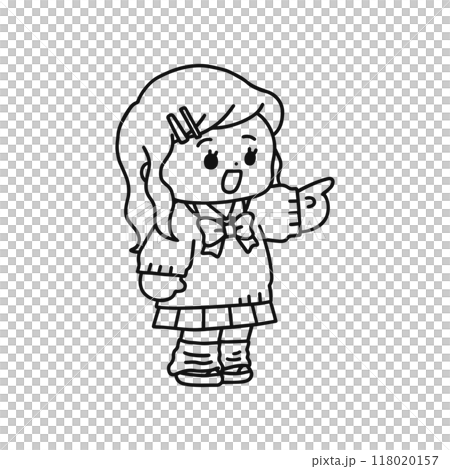 指差ししている制服姿の女の子・線画 118020157