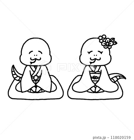 着物姿で挨拶する干支・巳・線画 118020159