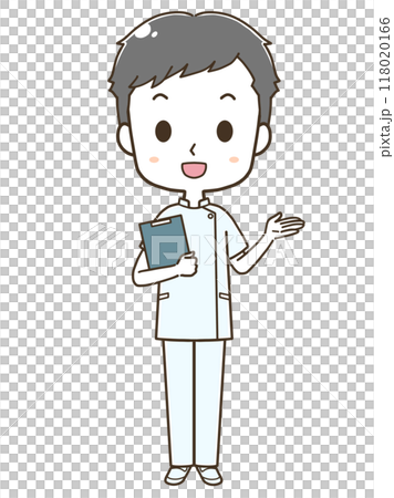 右へ案内をする若い男性看護師の全身イラスト 118020166
