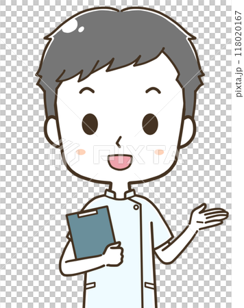 右へ案内をする若い男性看護師の上半身イラスト 118020167