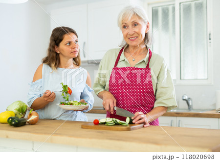 Elderly woman and her daughter preparing salad Elderly woman and her daughter preparing salad 118020698