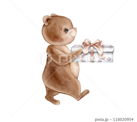 Teddy Bear and gift watercolor illustration. Hand drawn sketch of little cute animal in pastel beige brown colors for Baby shower invitations for birthday greeting cards. Drawing for childish design. 118020954