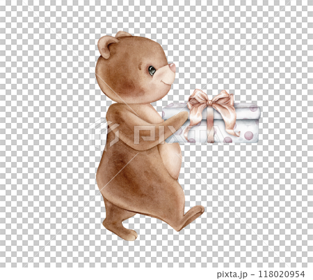 Teddy Bear and gift watercolor illustration. Hand drawn sketch of little cute animal in pastel beige brown colors for Baby shower invitations for birthday greeting cards. Drawing for childish design. 118020954