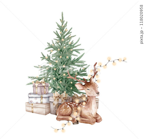 Watercolor cute deer with garland of warm bulbs and green classic Christmas tree and gift boxes with gold bows isolated. Hand drawn illustration needles for New year design holidays in pastel colors. 118020958