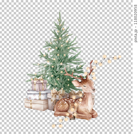 Watercolor cute deer with garland of warm bulbs and green classic Christmas tree and gift boxes with gold bows isolated. Hand drawn illustration needles for New year design holidays in pastel colors. 118020958