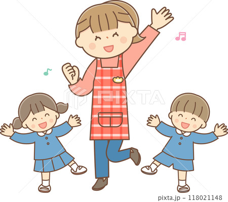 園児と一緒に踊る保育士の女性 118021148
