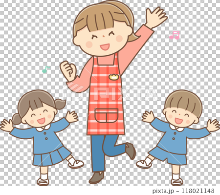 園児と一緒に踊る保育士の女性 118021148