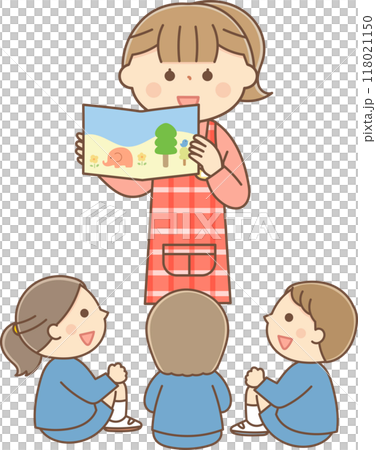 女保育員和孩子們大聲朗讀繪本 女保育員和孩子們大聲朗讀繪本 118021150