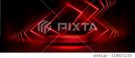 Round podium on red light background 118021210
