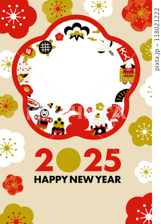 2025年のかわいい和モダンでレトロな巳年の年賀状素材_縦デザイン_写真フレーム付き 118021222