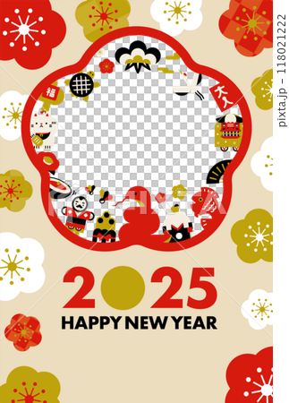 2025年のかわいい和モダンでレトロな巳年の年賀状素材_縦デザイン_写真フレーム付き 118021222
