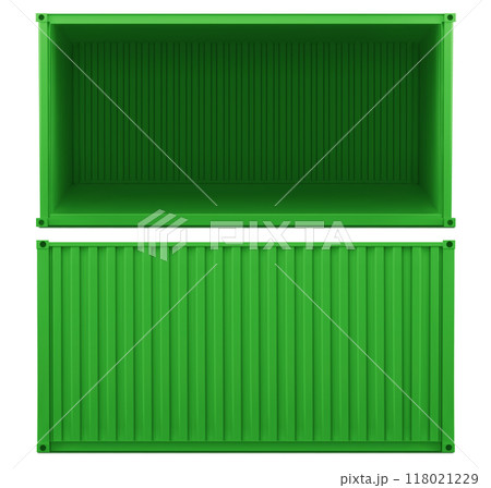 Green ship cargo container. Open storage box side 118021229