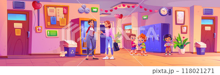 Teacher in school corridor. Valentine interior Teacher in school corridor. Valentine interior 118021271