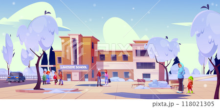 School building with yard and fence in winter School building with yard and fence in winter 118021305