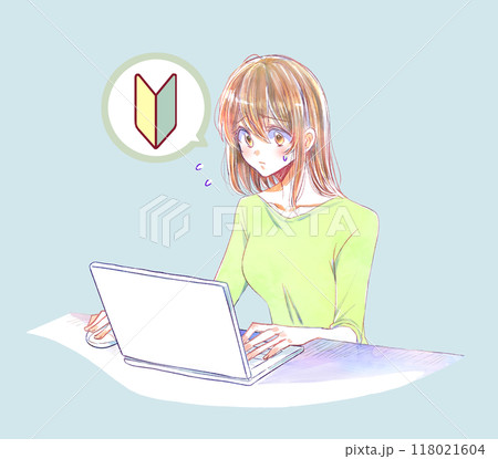 パソコンを操作する女性　困る　初心者　マウス　しかめっ面 118021604