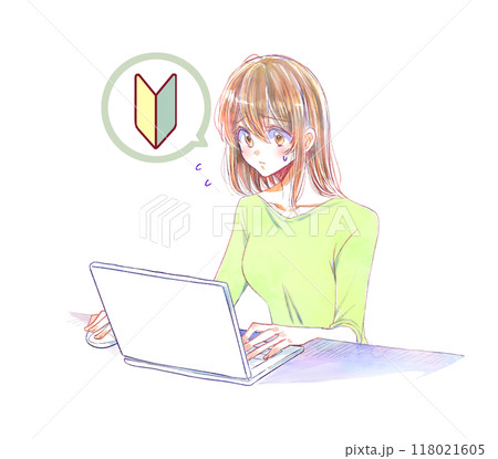 パソコンを操作する女性　困る　初心者　マウス　しかめっ面 118021605