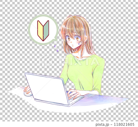 Woman operating a computer, trouble, beginner, mouse, frown Woman operating a computer, trouble, beginner, mouse, frown 118021605