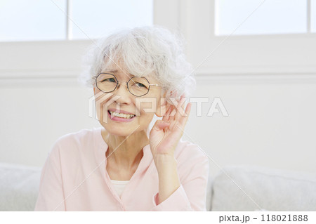 耳が遠いシニア女性 リビングルーム 耳が遠いシニア女性 リビングルーム 118021888