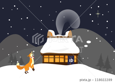 雪降る夜、キツネとキツネの湯屋をイメージした背景イラスト 118022289