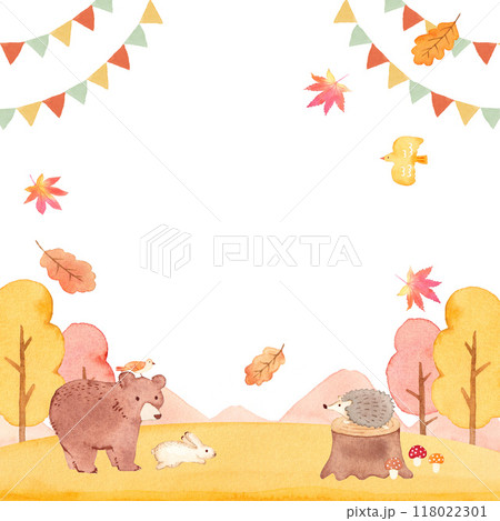 秋の森の動物たち　水彩背景イラスト 118022301
