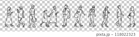 女性や男性、子供等、人々の線画 ベクターイラスト 118022323