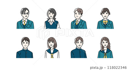 制服を着た学生の上半身イラストセット 制服を着た学生の上半身イラストセット 118022346