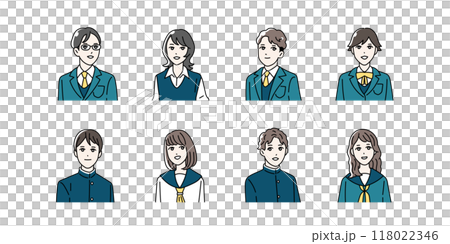 制服を着た学生の上半身イラストセット 制服を着た学生の上半身イラストセット 118022346