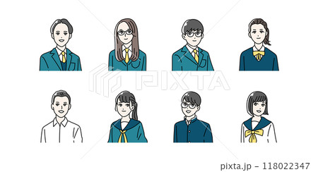 制服を着た学生の上半身イラストセット 118022347