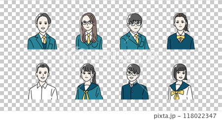 制服を着た学生の上半身イラストセット 118022347