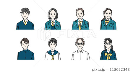制服を着た学生の上半身イラストセット 制服を着た学生の上半身イラストセット 118022348