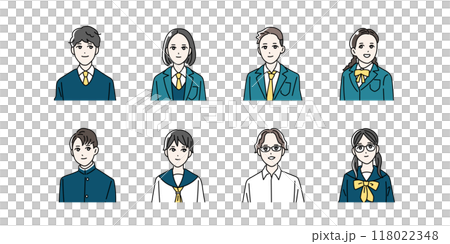 制服を着た学生の上半身イラストセット 制服を着た学生の上半身イラストセット 118022348