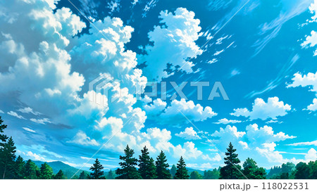 青空と白い雲と緑の森 118022531