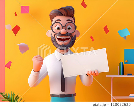 Pay day banner, happy employee holding a paycheck, workplace celebration, 3D illustration 118022620