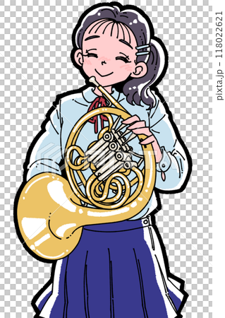 Illustration of a smiling girl holding a horn Illustration of a smiling girl holding a horn 118022621