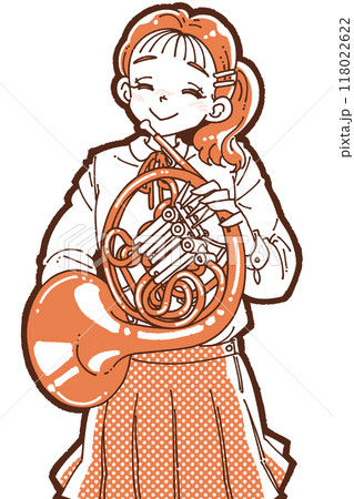 ホルンを持った笑顔の女の子のイラスト 118022622