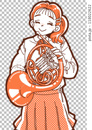 ホルンを持った笑顔の女の子のイラスト 118022622