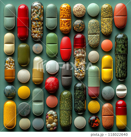 Top view of various pills spread out on a bold green background 118022640