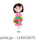 Happy woman in pink dress with flowers bouquet - vector 118022675
