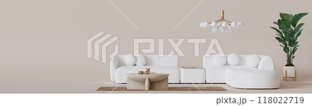 Plush white sofa with elegant accents, stylish round coffee table and artistic, pendant light, perfect for contemporary home. Furniture store concept. Interior design. Banner with copy space. 3D. 118022719