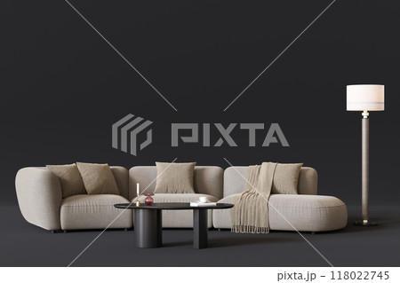 Plush beige sofa with textured cushions, modern black coffee table, and stylish floor lamp on dark backdrop, creating an inviting atmosphere. Furniture store concept. Interior design. Copy space. 3D. 118022745