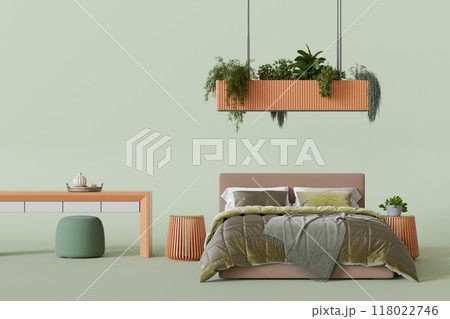 Modern bed, complemented by unique overhead plant holder and matching decor elements for a fresh, serene vibe. Furniture store concept. Interior design. Bedroom furnishings. Home staging. 3D render. 118022746