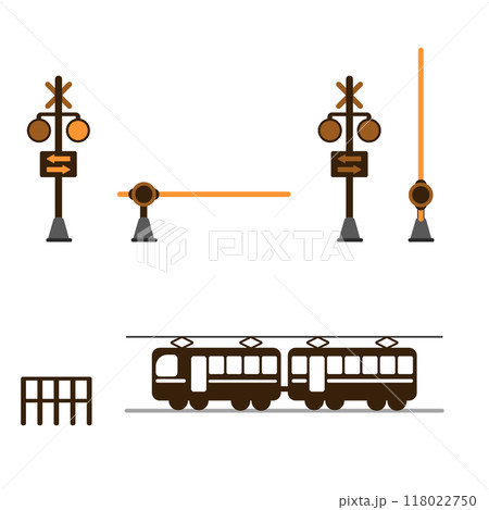 電車と踏切遮断機のシンプルなイラストセット 電車と踏切遮断機のシンプルなイラストセット 118022750