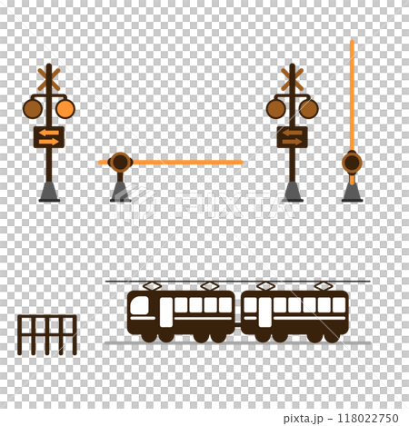電車と踏切遮断機のシンプルなイラストセット 電車と踏切遮断機のシンプルなイラストセット 118022750