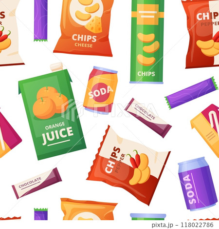 Vending snack seamless pattern. Different packs with food and drinks, chocolate chips soda. To go products print design, store nowaday vector background 118022786