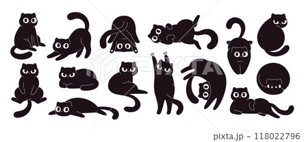 Cartoon black cats. Funny fat cat in different poses and situations. Isolated flat wall stickers design, crazy kitty characters. Adorable racy vector kittens 118022796