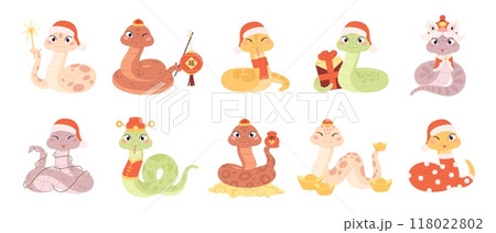 Cartoon snake. Chinese new year snakes, isolated funny symbols. Reptile holding firework gift box coin pack. Traditional asian racy vector clipart Cartoon snake. Chinese new year snakes, isolated funny symbols. Reptile holding firework gift box coin pack. Traditional asian racy vector clipart 118022802